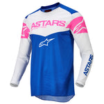 Alpinestars Crosströja Fluid Tripple i blå, vit och rosa design med långärmad passform för motocross. Perfekt för MX-entusiaster.