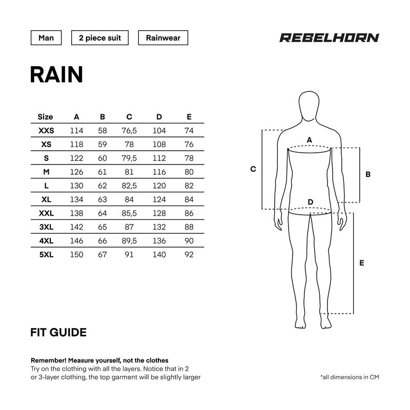 Storlekstabell för Rebelhorn Regnställ 2-delat Rain Svart med måttangivelser i centimeter för olika storlekar.