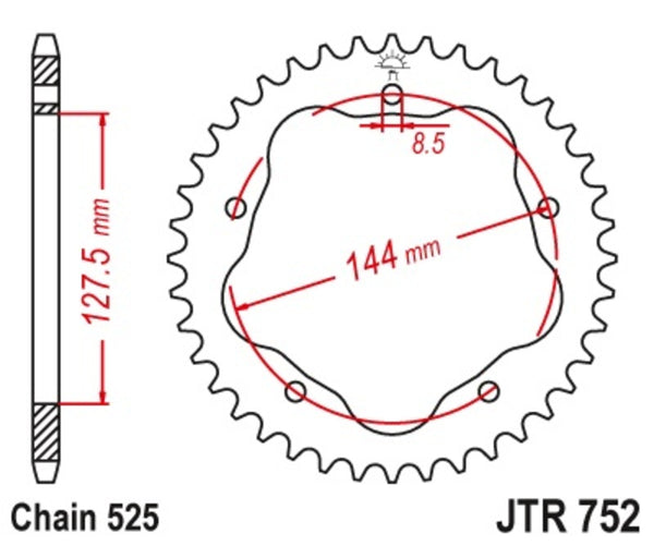 JT Sprock's Steel Standard Achter Sprock 752 - 525 - Vereist een JT Sprock's Achter Sprock Carrier JTR752.36