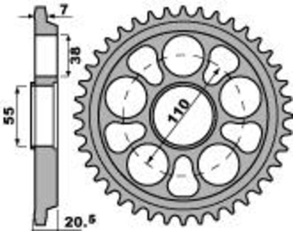 Teknisk ritning av PBR Ultra-Light Aluminium Hard Anodized Rear Sprocket 4320 - 525 4320 42 LD med mått och tandprofil. Perfekt för reservdelar inom chassidelar.
