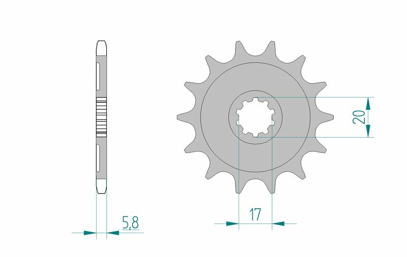 Teknisk ritning av AFAM Steel Self-Cleaning Front Sprocket 24304 - 520 med detaljerade mått. Reservdel för Kawasaki och Suzuki motocrossmodeller.