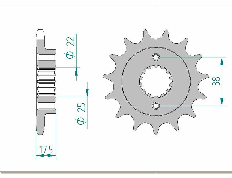 Teknisk ritning av AFAM Steel Standard Front Sprocket 52616 - 525 med detaljerade mått. Reservdel för Ducati Monster och Hypermotard motorcyklar.