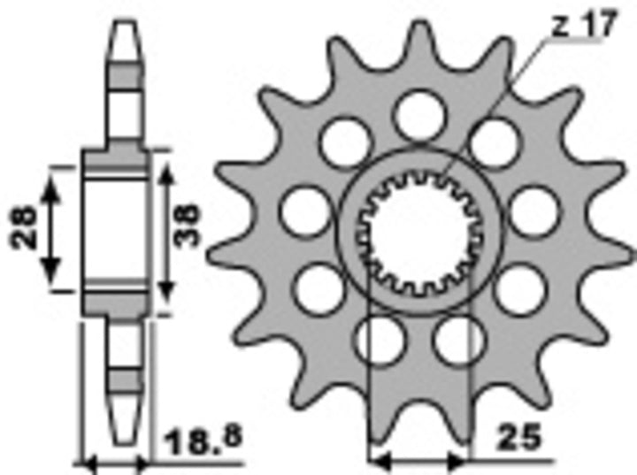 Teknisk ritning av PBR Steel Noise-Free Front Sprocket 2178 - 525 med mått och tandantal, idealisk för reservdelsval.