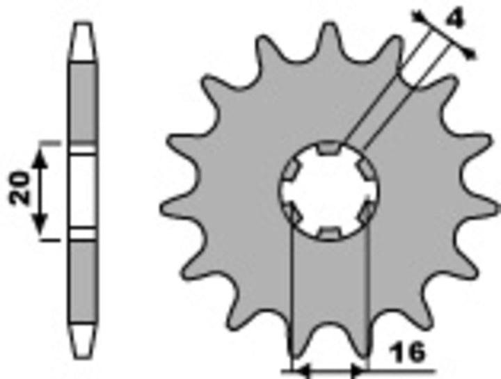Teknisk ritning av PBR Steel Standard Front Sprocket 416 - 428 416 14 18NC med måttangivelser för kuggar och nav. Perfekt för reservdelar inom chassidelar.