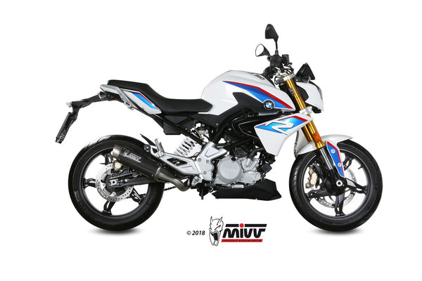 MIVV GP PRO Full Exhaust System monterad på BMW G 310R B.032.L2P, visad från sidan. Sportigt avgassystem för optimal prestanda.
