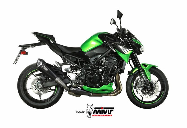 MIVV Delta Race Silencer Steel Black/Carbon End Cap monterad på Kawasaki Z900 K.052.LDRB, sportig design för förbättrad prestanda.