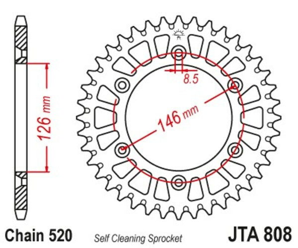 JT Sprock's aluminium ultralicht zelfreinigende achterste tandwiel 808-520 JTA808.49BLK