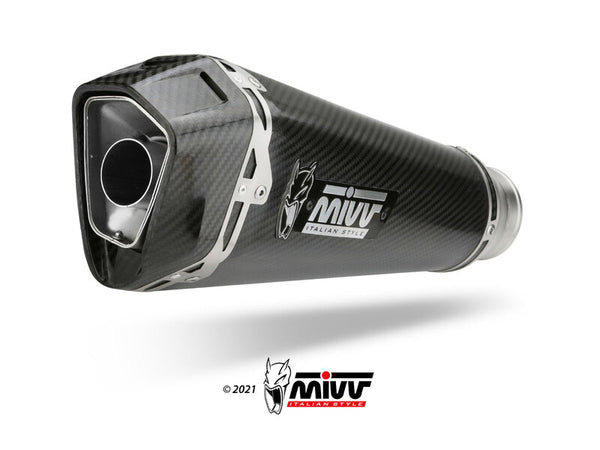 MIVV Delta Race Full Exhaust System - Carbon Aprilia A.013.LDRC med kolfiberfinish och sportig design för motorcykeltillbehör och reservdelar.