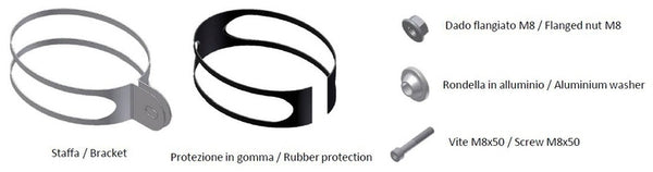 MIVV Mounting Kit för Mover Muffler 50.SC.KU.001.SV med fäste, gummiskydd, M8 flänsmutter, aluminiumbricka och M8x50 skruv. Perfekt för avgassystem.