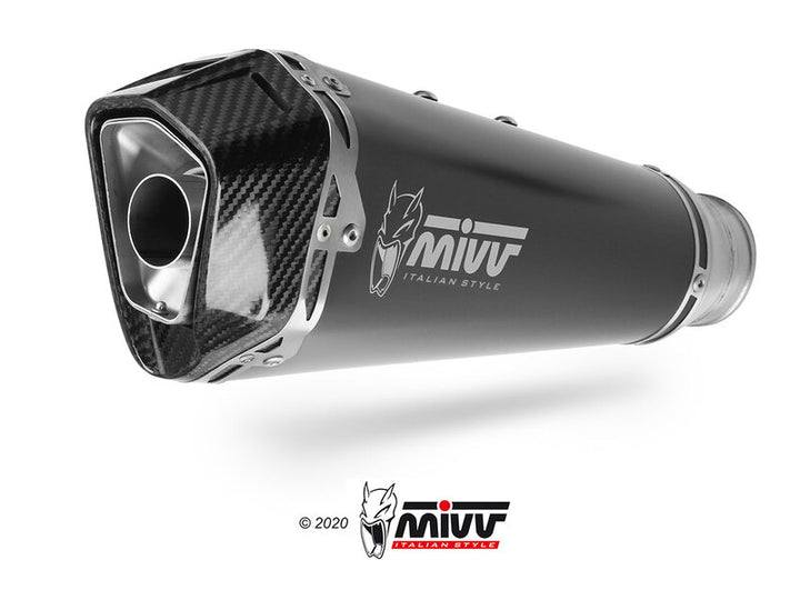 Närbild på MIVV Delta Race Silencer K.054.LDRB med kolfiberfinish och logotyp, designad för Kawasaki Ninja SX/Tourer.