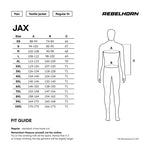 Storleksguide för Rebelhorn Jax Mc-jacka med mått för XS till 10XL. Hjälper till att välja rätt passform för optimal komfort.