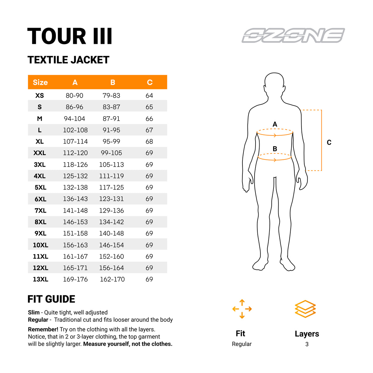 Storlekstabell för Ozone Textil Mc-Jacka Tour III med måttangivelser och passformsguide för optimal storleksval.