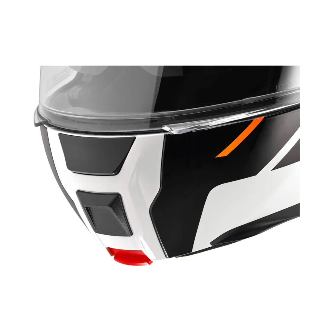 Närbild av Schuberth C5 hjälmens hakparti med detaljerad design och robust konstruktion. Perfekt för säkerhet och komfort under körning.