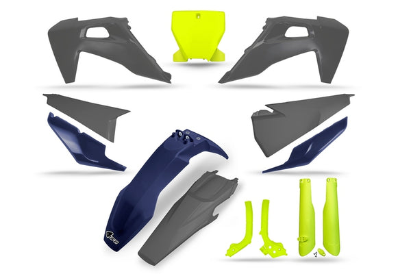 UFO Plastics Kit Neon Yellow/Blue/Grey - Husqvarna Hukit624@222