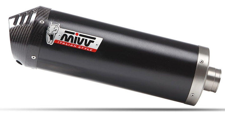 Närbild på MIVV Silencer Oval K.055.LZC med kolfiberfinish. Högpresterande avgassystem för motorcyklar och fordonstillbehör.