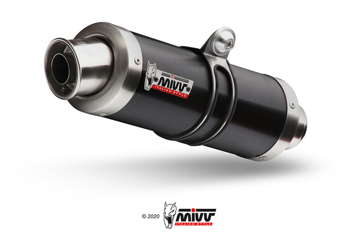 Närbild av MIVV Delta Race Full Exhaust System Z.003.LXB i svart finish med logotyp. Avancerat avgassystem för motorcykeltillbehör.