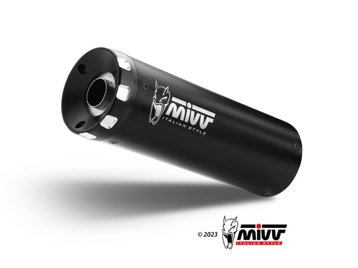 MIVV HR-1 Silencer K.046.LH1BA i svart aluminium med logotyp, fristående produktbild. Premium avgassystem för fordonstillbehörsmarknaden.