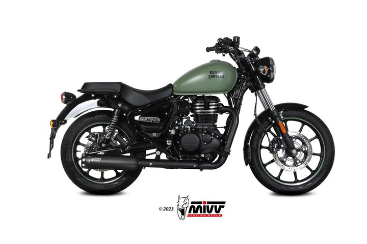 MIVV HR-1 Silencer RE.004.LH1BA installerad på Royal Enfield, sidovy. Premium avgassystem för fordonstillbehör och prestandauppgradering.