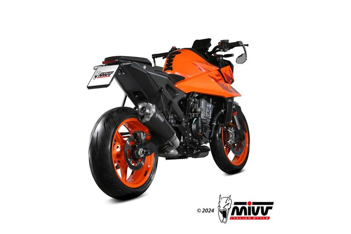 MIVV Delta Race Silencer KT.032.LDRB monterad på en KTM-motorcykel, visad bakifrån med sportig design och orange detaljer.