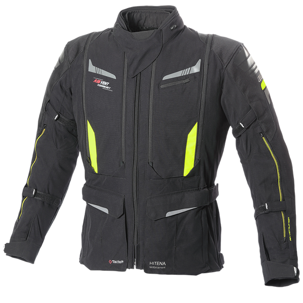 Buse Textil Mc-Jacka Agadir Svart med neon-gula detaljer, justerbara remmar och ventilationspaneler fram för optimal komfort.