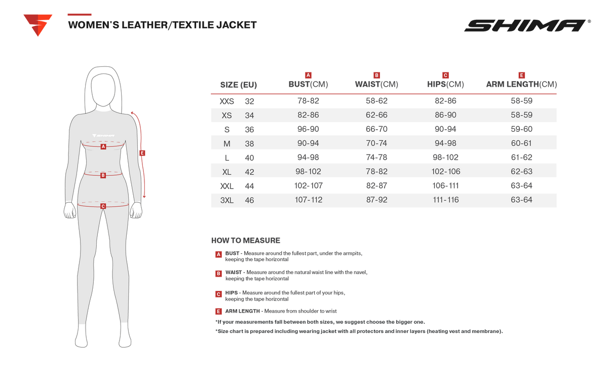Storleksguide för Shima Dam Kevlar Mc-Hoodie Daybreaker Rosa med mått för byst, midja, höfter och ärmlängd i EU-storlekar.