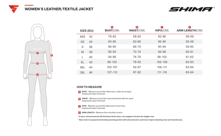 Storleksguide för Shima Dam Kevlar Mc-Hoodie Daybreaker Grå med mått för byst, midja, höfter och ärmlängd i storlekar XXS-XL.