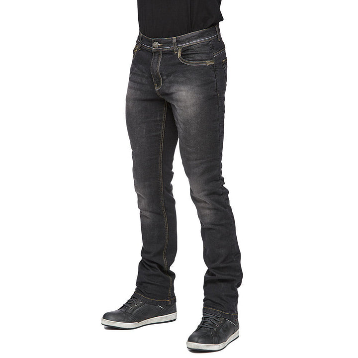 Svarta Sweep Kevlar Mc-Byxor Cracker med modern passform och skyddande kevlarförstärkning. Idealisk för säker och bekväm motorcykelkörning.