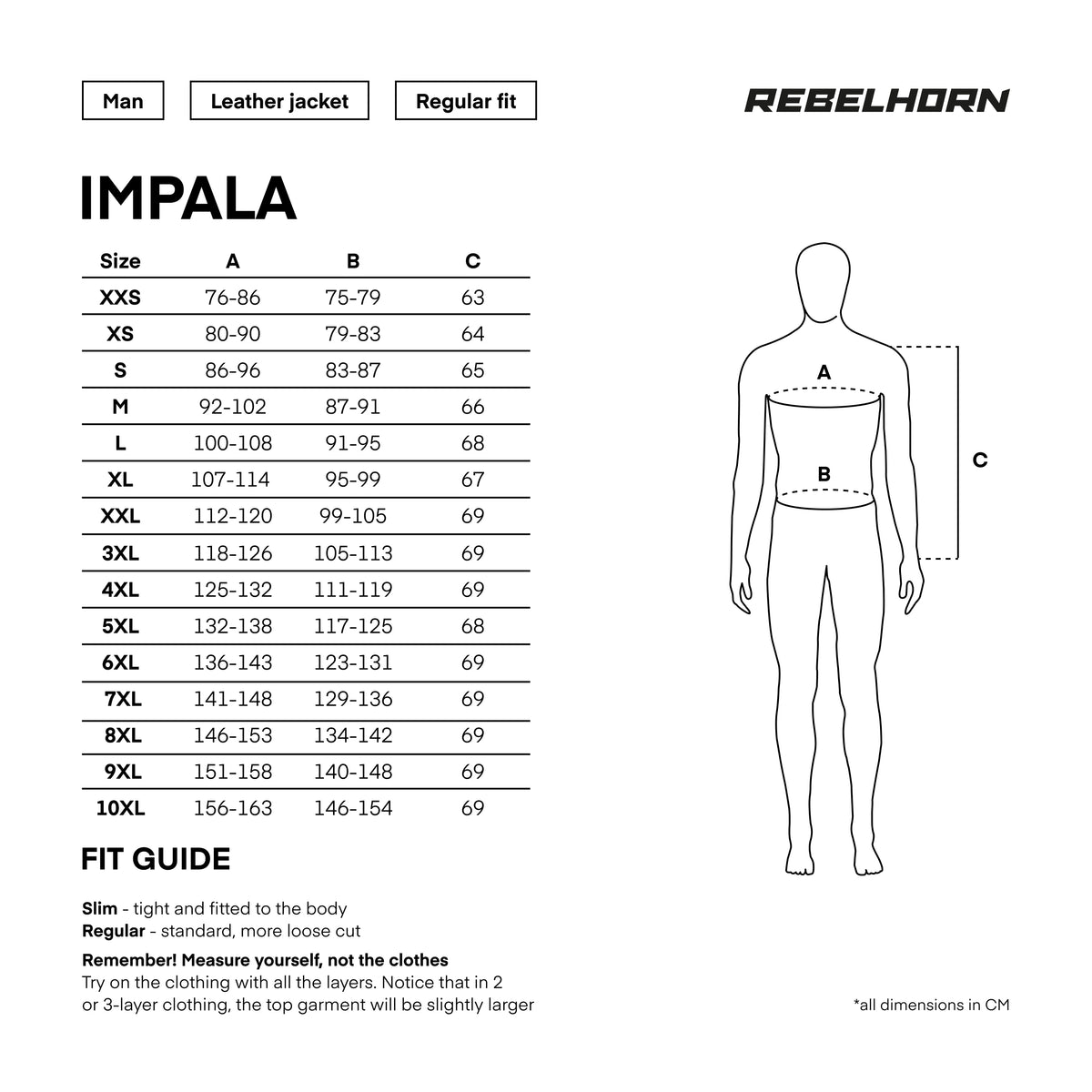 Storleksguide för Rebelhorn Skinn Mc-Jacka Impala Svart med mått i centimeter. Visar passform och rekommenderade mått för olika storlekar.