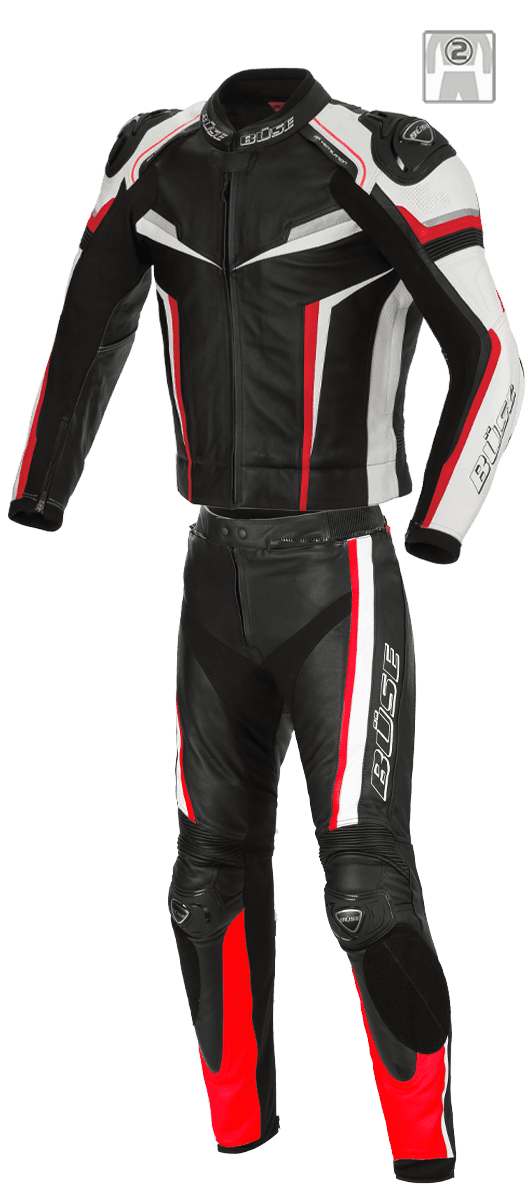 Buse Skinnställ 2-delat Mille i svart och rött med ergonomisk design och skydd för motorcykelåkning. Perfekt för säkerhet och komfort.