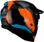 Baksidan av MT Helmets Streetfighter SV Twin med aerodynamisk design och högkvalitativ HIRP-skal i blått och orange.