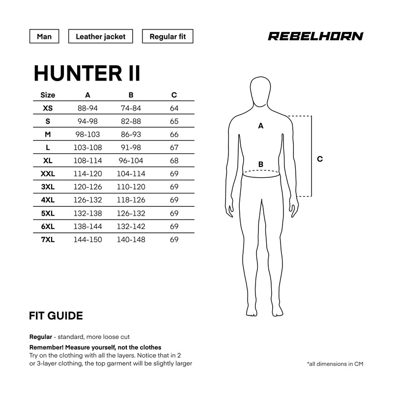 Storleksguide för Rebelhorn Mc-Skinnjacka Hunter II Svart med mått i centimeter för olika storlekar från XS till 7XL.