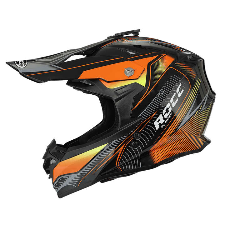 Svart och orange Rocc Cross MC-hjälm 713 med aerodynamisk design och robust ABS-material. Idealisk för motorcykelsäkerhet.