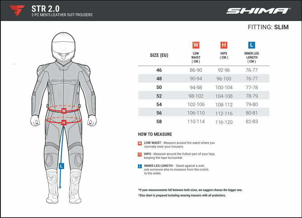 Storleksguide för Shima Mc-Skinnbyxor STR 2.0 med mått för midja, höfter och innerbenslängd för att hjälpa motorcyklister att hitta rätt passform.