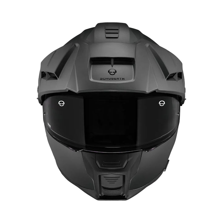 Frontalvy av Schuberth Öppningsbar Mc-Hjälm E2 Matt Svart med modern design och klart visir. Optimal för både stad och långdistanskörning.