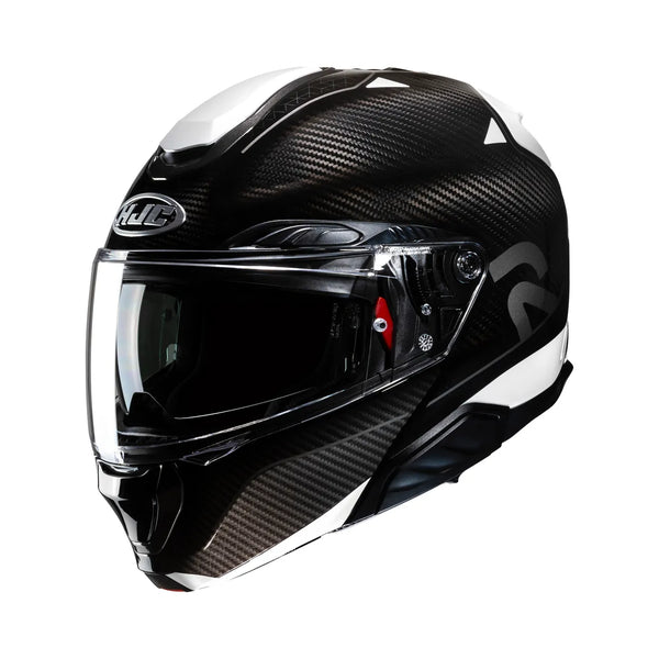 HJC öppningsbar mc-hjälm RPHA 91 Carbon Noela i svart och vit design med kolfiberstruktur, lämplig för stadskörning och touring.
