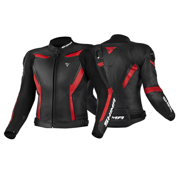 Shima Mc-Skinnjacka Chase Svart/Röd med CE AAA-certifiering, tillverkad i slitstarkt skinn, fram- och baksida med röd accentdesign.
