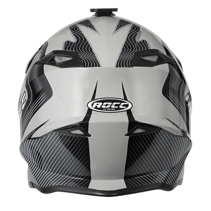 Baksidan av Rocc Cross MC-hjälm 713 med aerodynamisk design och tydlig Rocc-logotyp. Stilren och funktionell hjälm för motorcyklister.