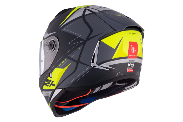 Bakre sidovy av MT Helmets Integral Mc-Hjälm Revenge 2 Hatax C3, med DOT-certifiering och stilren grafik i svart och neongult.