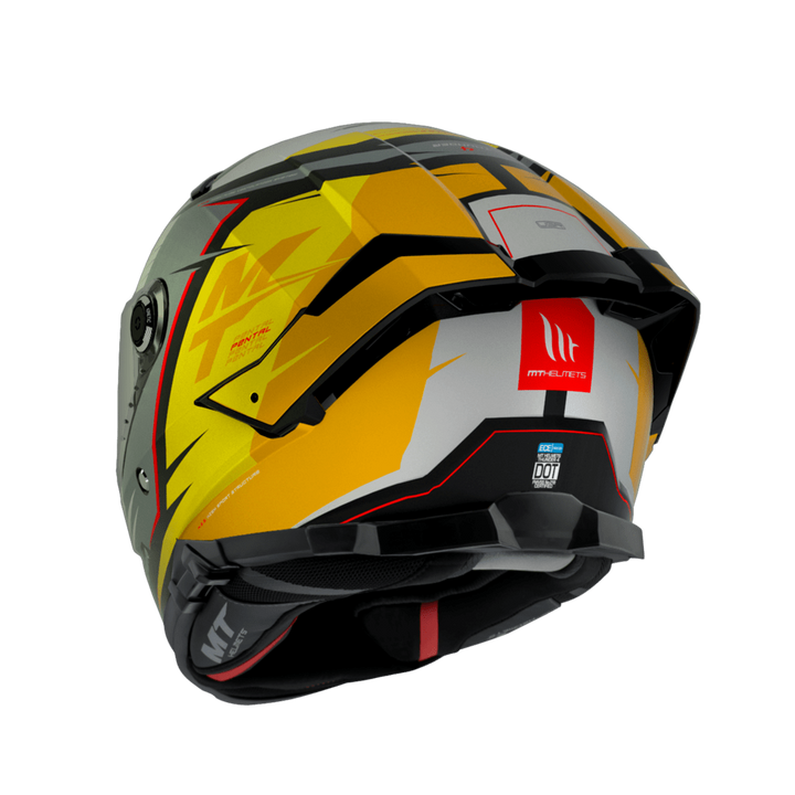 Baksidan av MT Helmets Integral Mc-Hjälm Thunder 4 SV Pental Pearl Gul med modern grafik och säkerhetscertifiering.