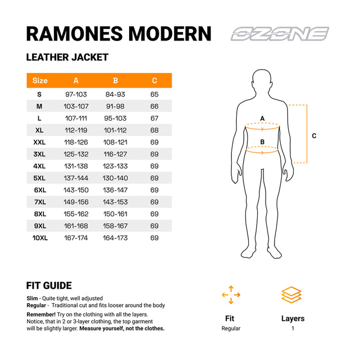 Storleksguide för Ozone Mc-Skinnjacka Ramones Modern Svart med mått och passformsinformation.