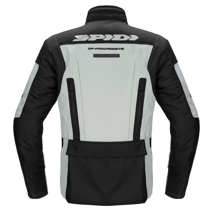 Spidi Textil Mc-Jacka Traveler 3 Grå, baksida med svart och grå design, ryggventilation och logotyp. Funktionell för motorcykelentusiaster.