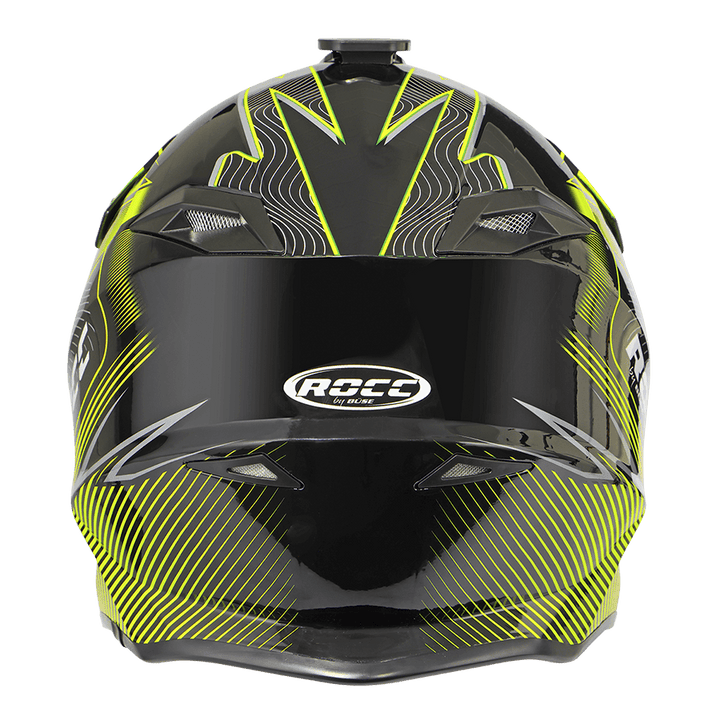 Baksidan av Rocc Cross MC-hjälm 713 med aerodynamisk design och fluorgula detaljer för ökad synlighet och stil.