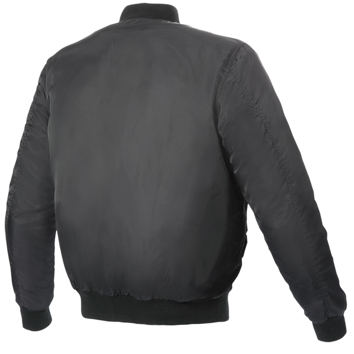 Baksidan av Buse Textil Mc-Jacka Kingman Svart med enkel svart design och ribbad nederkant. Perfekt för motorcykelentusiaster.