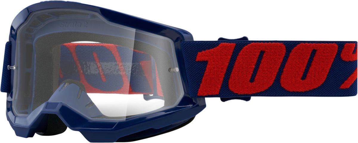 100% Goggles Strata 2 Masego - Klar med blå ram och röd logotyp på bandet, designade för motocross och motorcykelsäkerhet.