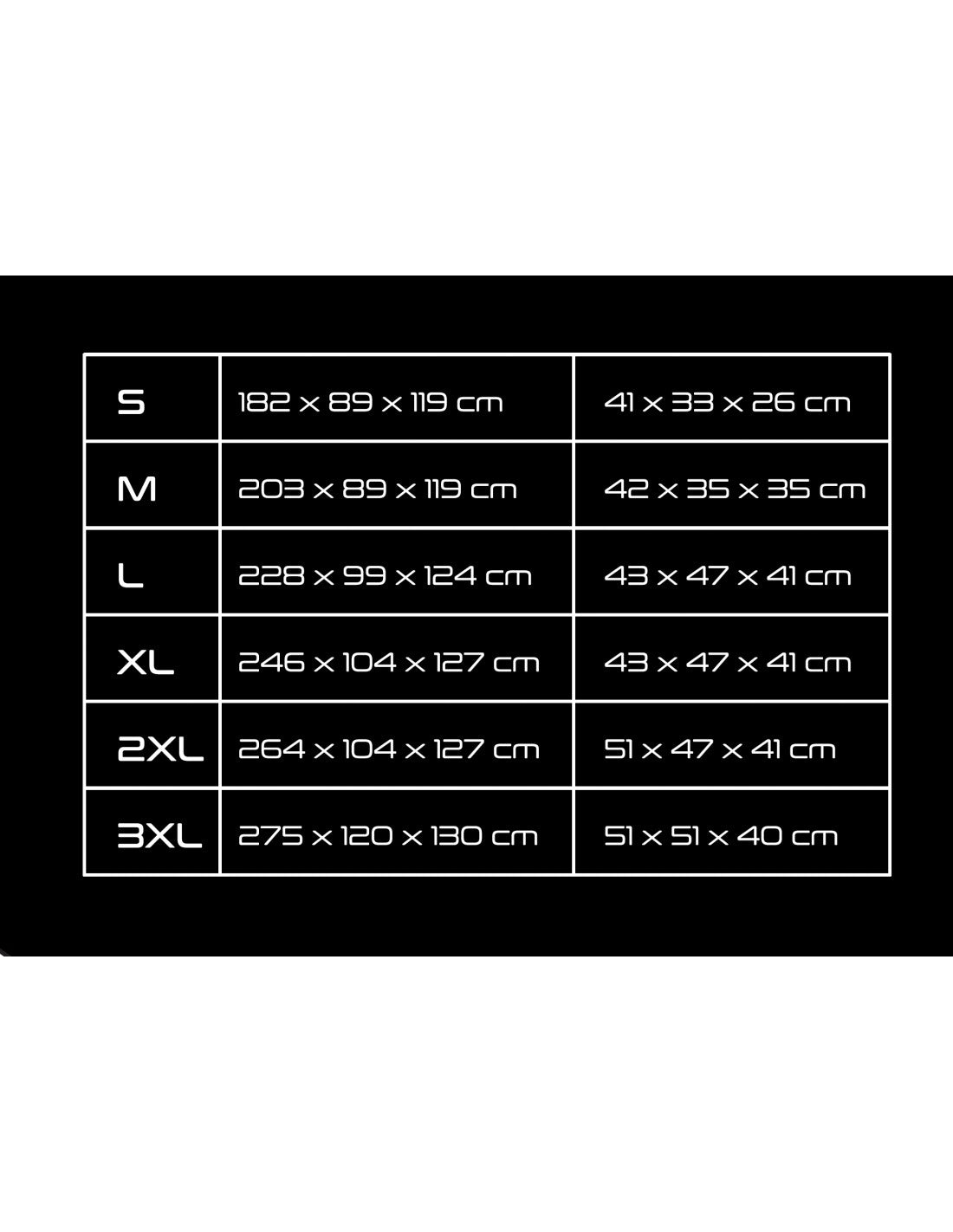 Storlekstabell för Seca Outdoor Cover Top Case Svart. Visar mått för storlekar S, M, L, XL, XXL och 3XL i centimeter.