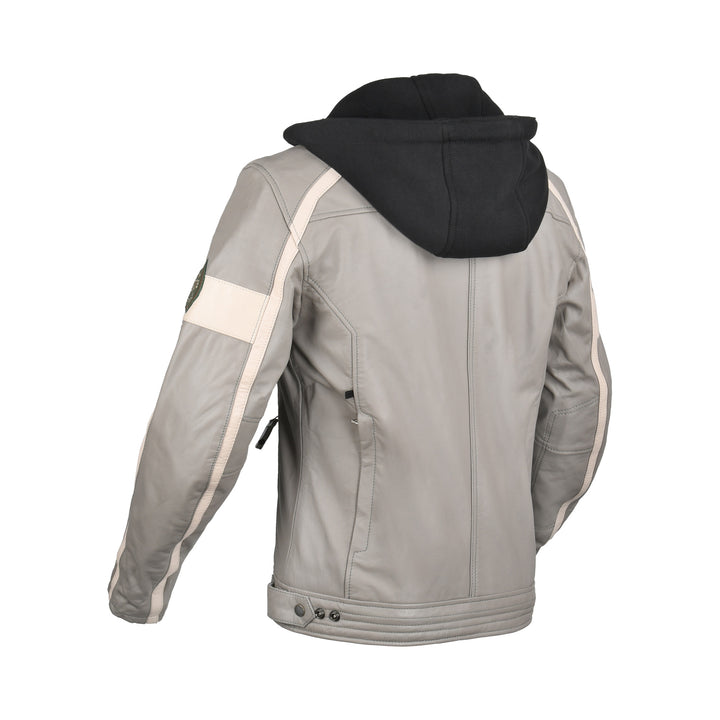 Baksidan av Difi Mc-Skinnjacka Detroit 2 Grå med svart avtagbar huva och vita kontrastlinjer. Robust design för motorcyklister.