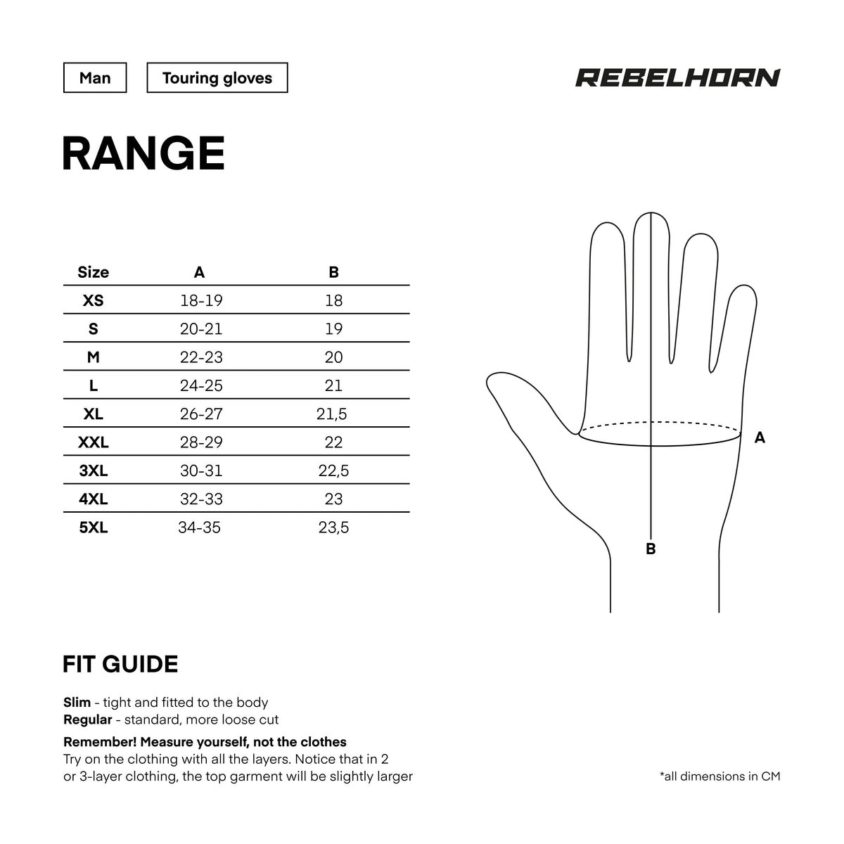 Storleksguide för Rebelhorn Mc-Handskar Range Svart/Flu med mått för olika storlekar och passformsinstruktioner.