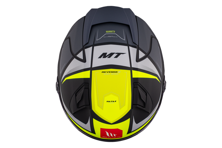 Toppvy av MT Helmets Integral Mc-Hjälm Revenge 2 Hatax C3, med märkets logotyp och aerodynamiska linjer för förbättrad prestanda.