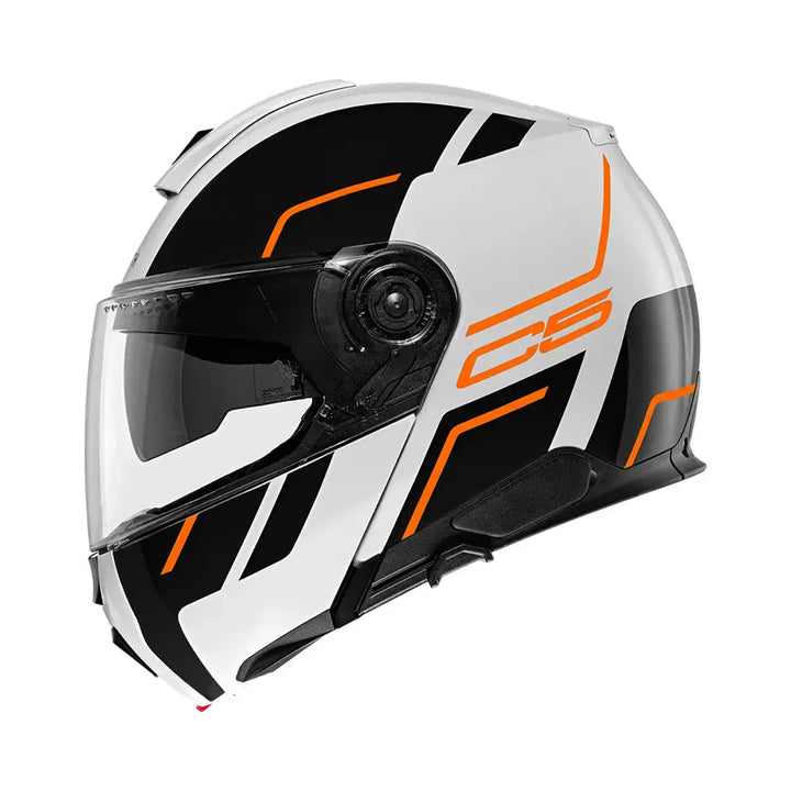 Schuberth C5 MC-hjälm med aerodynamisk design och orange detaljer. Säker och bekväm hjälm för motorcyklister, idealisk för långa resor.
