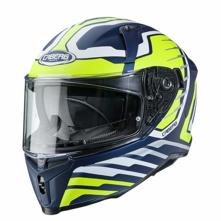 Caberg Integral Mc-Hjälm Avalon Forge Blå/Flu med aerodynamisk design, klart visir och ventilationssystem. Perfekt för säker motorcykelkörning.